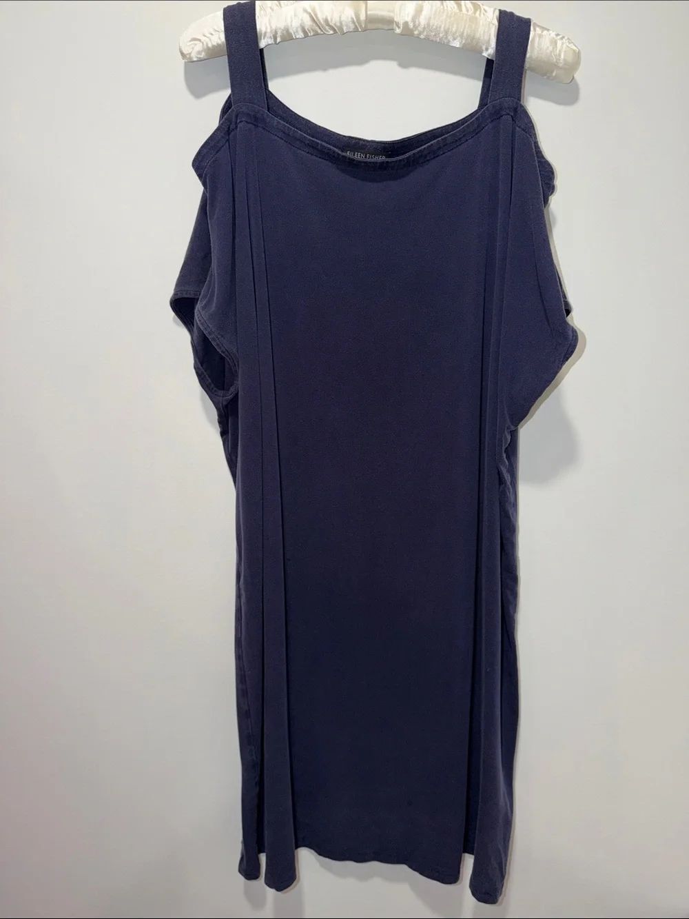 Eileen Fisher L Navy Cold Shoulder Strap Tencel Knit Tunic Top